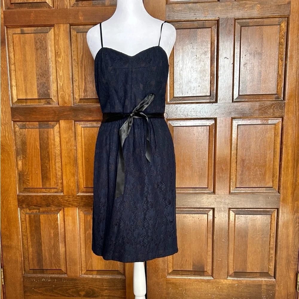 Adrianna Papell Midnight Blue Cocktail Lace Dress Belt Size 10 Cocktail Party